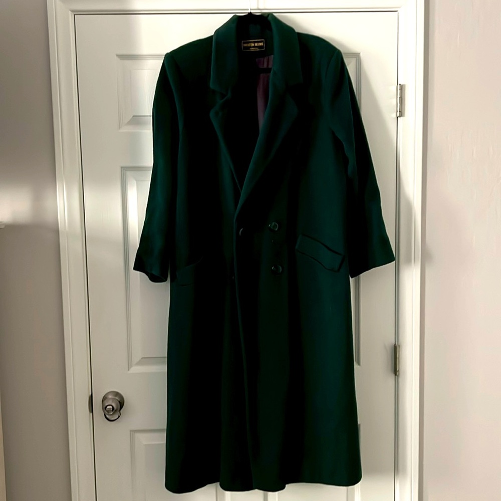 Kristen Blake long wool forest green coat.